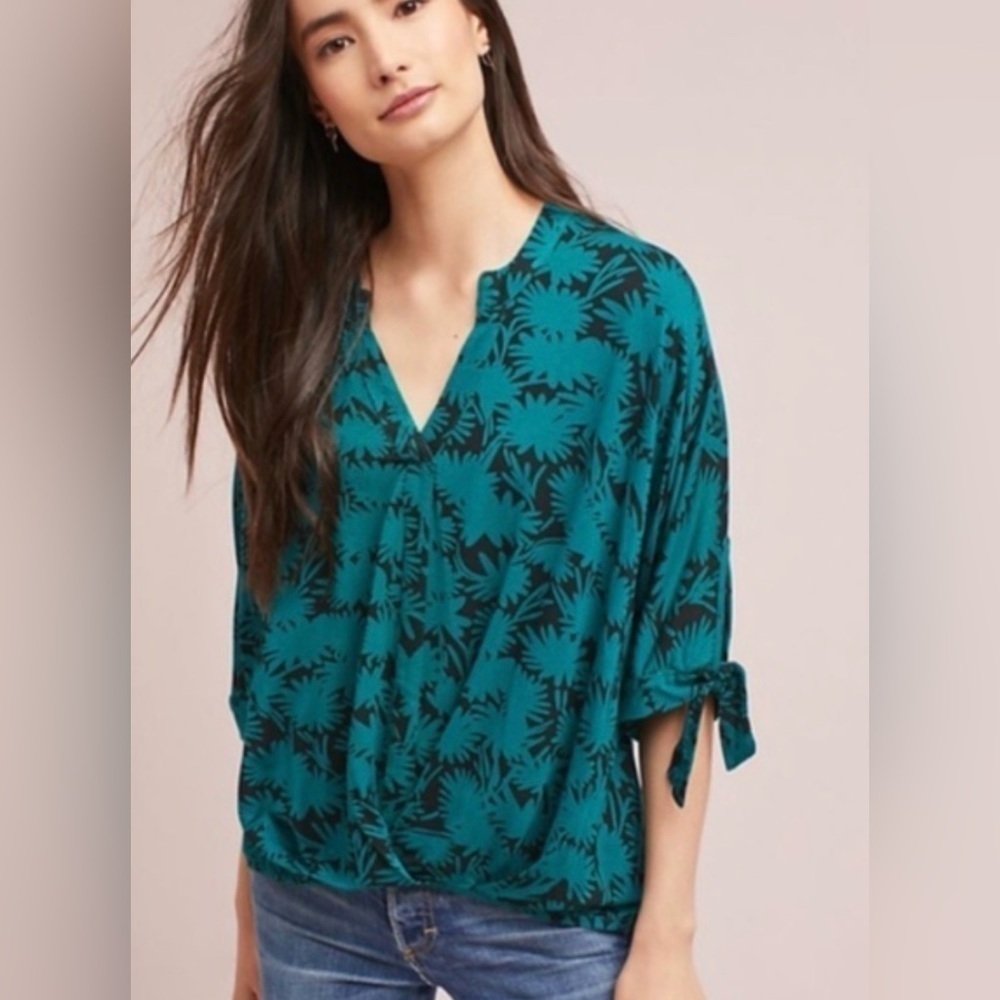 Akemi Kin Anthropologie teal floral print draped faux wrap boho top tropical XS
